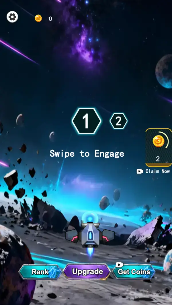 Ace Strike — The menu: the fighter idling on the moon, "Swipe to Engage", the level hexagons 1 and 2, the coin card with "Claim Now", and the Rank / Upgrade / Get Coins row.