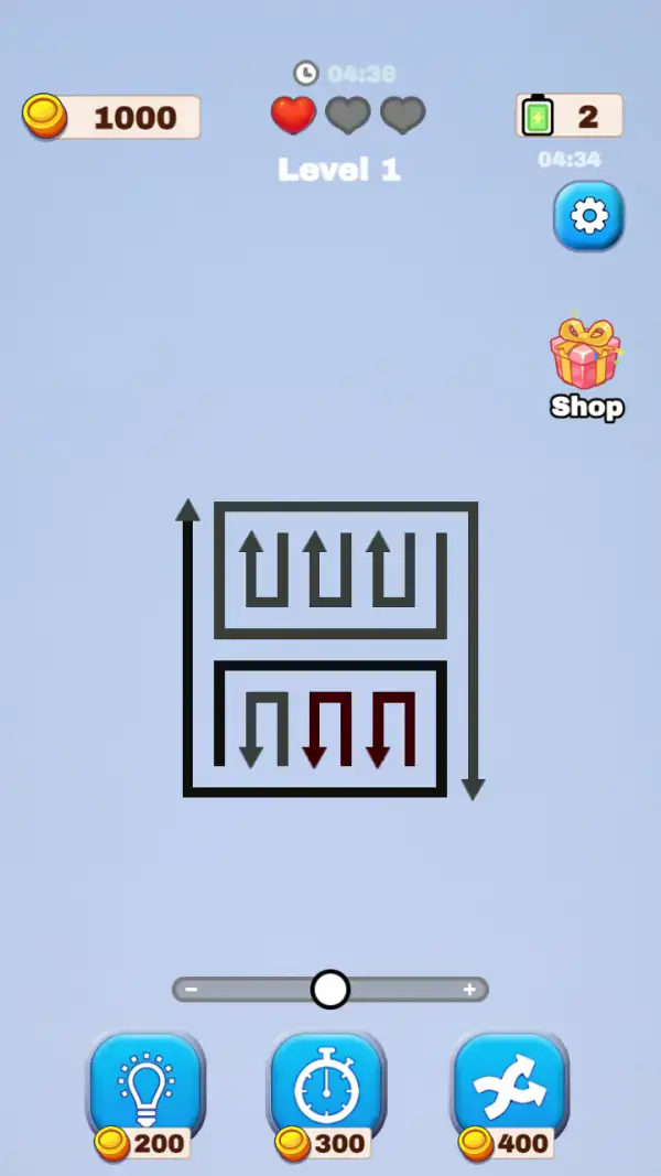 Arrow Maze Solve — Later on the same board: one red heart and two greyed, the battery down to 2 with a 04:34 clock under it, and three arrows in the lower row redrawn dark red inside a black box.