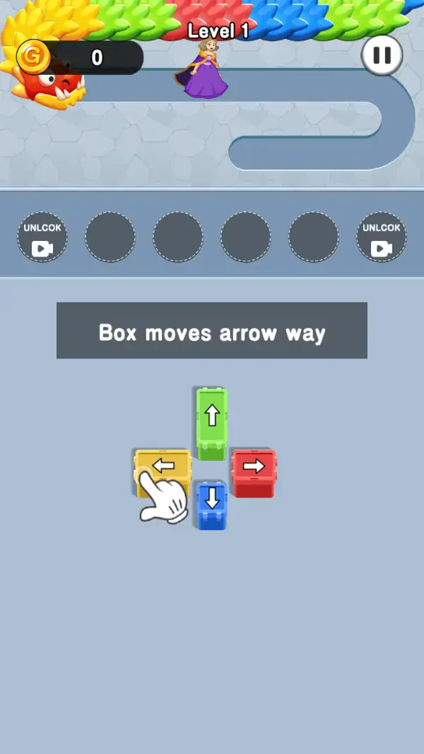 Block Puzzle: Save Girl — The dragon on the road — a long body of yellow, green, red and blue scales along the top run, its red head at the left and the girl standing further along it to the right, with the tutorial hand still on the yellow left-arrow.