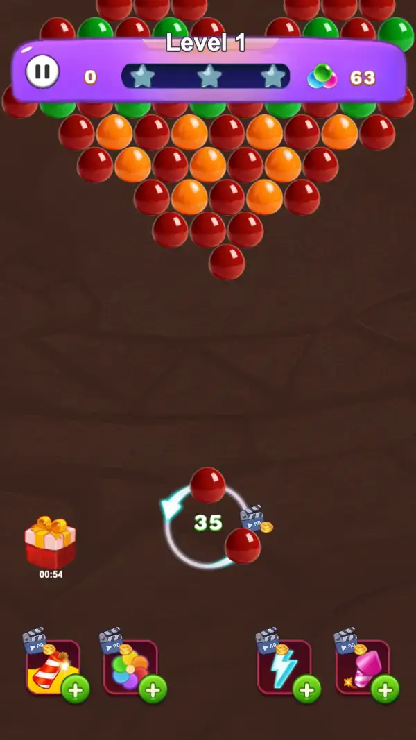 Bubble Safari — Level 1 before the first shot: the hanging bubble wall in red, orange and green, the reticle loaded with a red bubble and reading 35, and the gift box counting down from 00:54.
