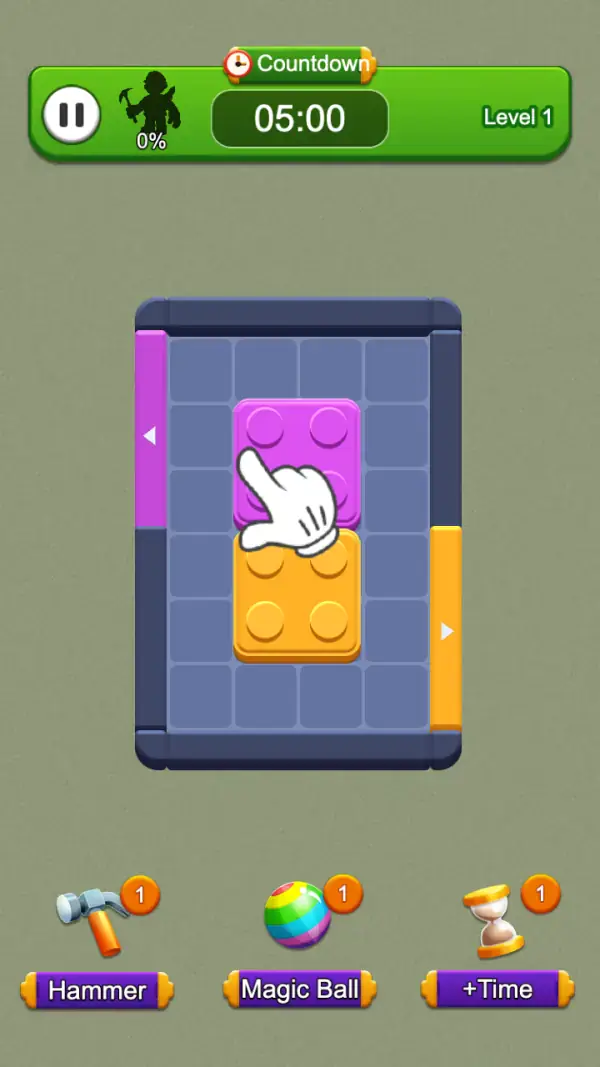 Chroma Jam — Level 1 with the tutorial hand on the purple block: Countdown 05:00, the purple and orange side racks, and Hammer / Magic Ball / +Time each showing one charge.