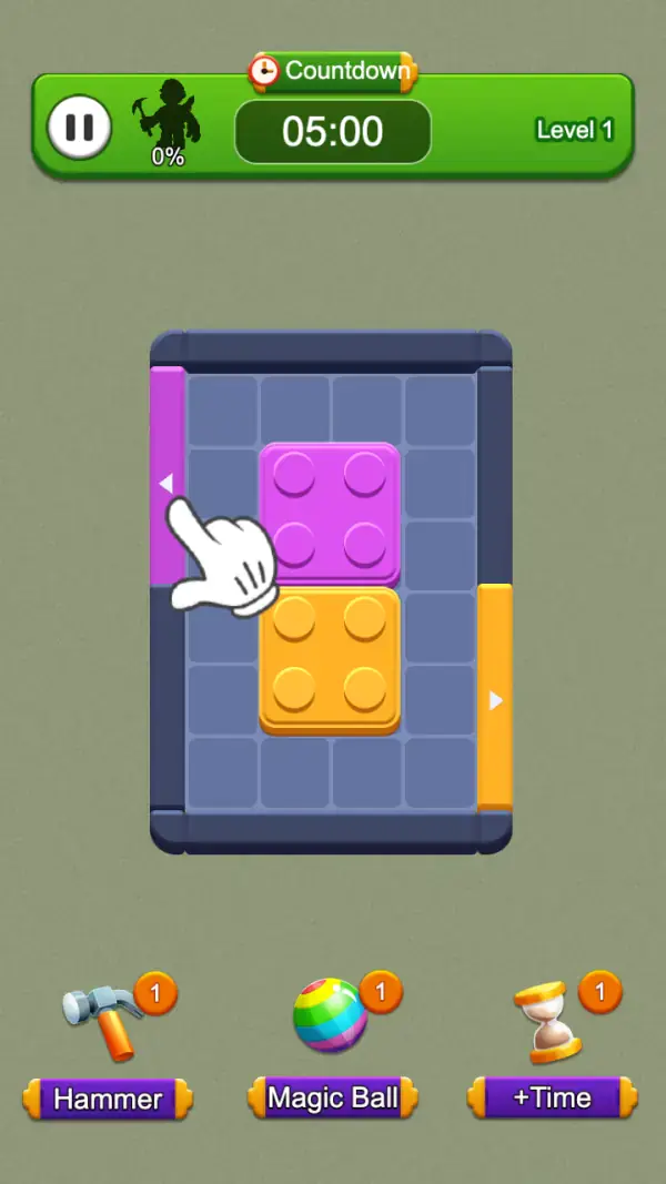 Chroma Jam — The tutorial hand has moved off the purple block and is now pointing at the purple strip on the left edge — the game pairing a block colour with the side that takes it.