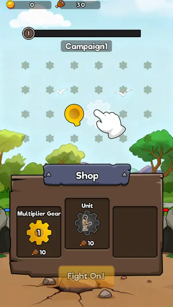 Hunter: Evolve Uprising — The board and the shop together: a staggered field of pale six-sided markers with two gulls in flight, the tutorial hand on a white-highlighted marker beside a gold cup, "Campaign1" under the level-1 progress bar, and the wooden Shop panel selling a Multiplier Gear and a caveman Unit for 10 meat each above the "Fight On!" button, with a blue bar at the panel's left edge and a red one at its right.