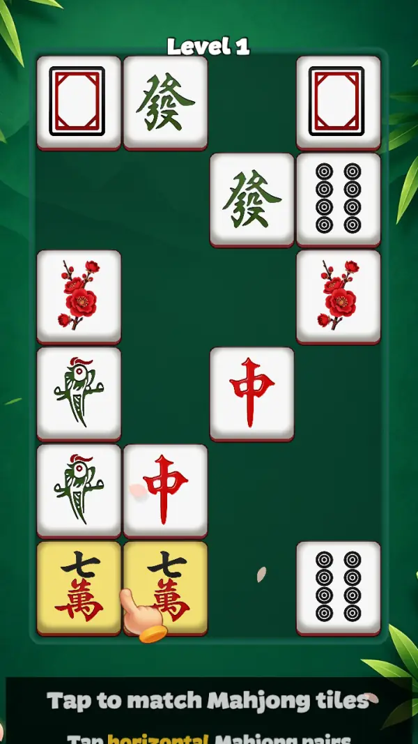 Mahjong Valley — Level 1's first lesson: a single flat layout with gaps between the tiles, two 七萬 tiles tinted gold side by side under a pointing hand, and the tip panel rising from the bottom edge — "Tap to match Mahjong tiles" over "Tap horizontal Mahjong pairs".