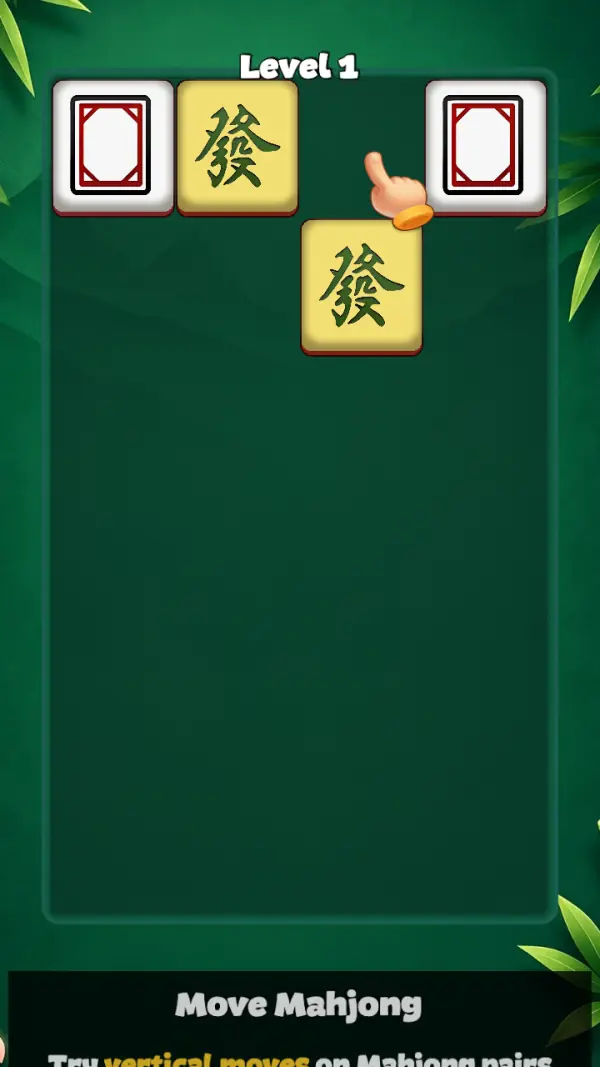 Mahjong Valley — The same Level 1 board on its "Move Mahjong" step ("Try vertical moves on Mahjong pairs"): four tiles left in total, the two 發 tiles still in the cells they started in, and the rest of the tray open.