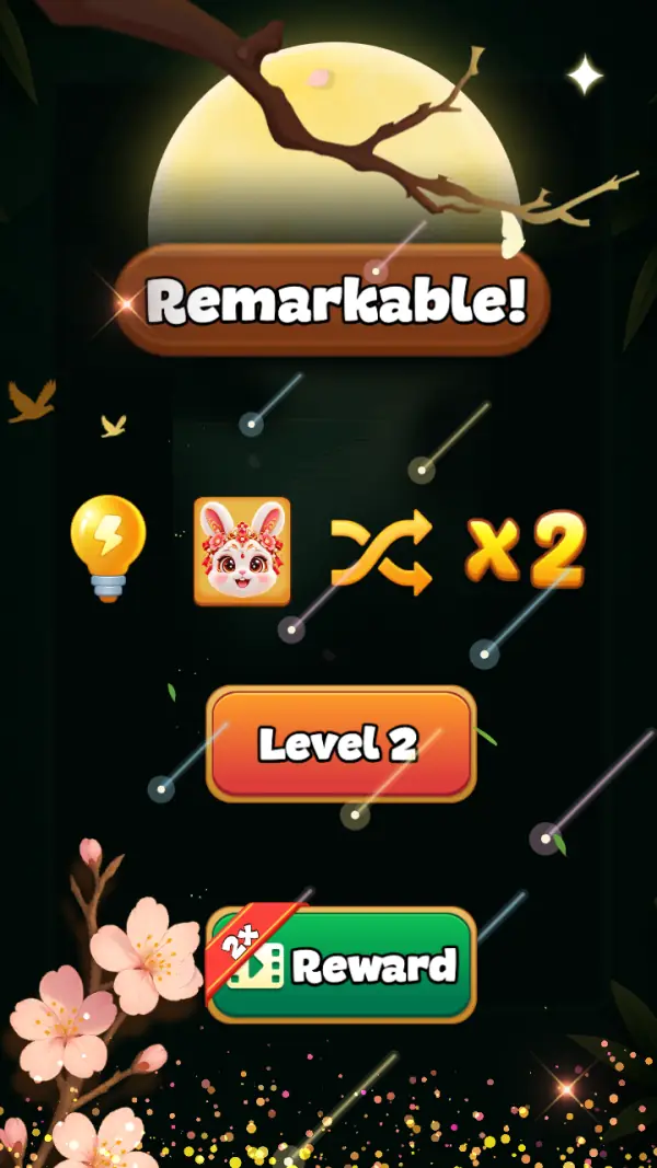 Mahjong Valley — The level-clear panel — "Remarkable!" over a bulb, a rabbit card and crossed arrows badged "×2", with the orange "Level 2" button and a green ad-flagged "Reward" button under it.