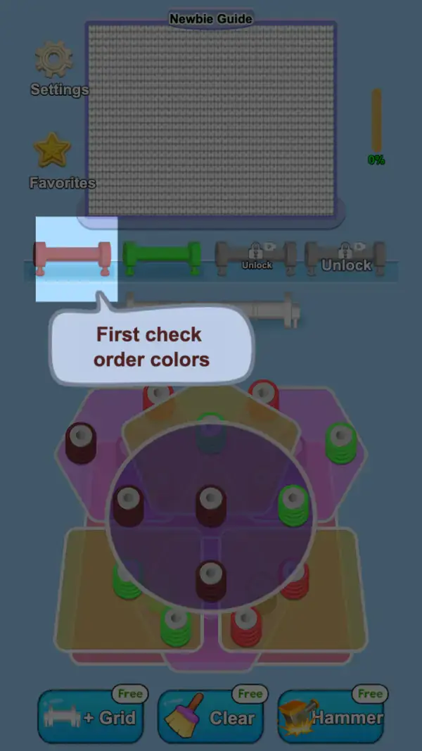 Puzzle Yarn Fun — The first lesson, with the whole screen dimmed behind it: the Newbie Guide grid at 0%, one dark red and one green spool lane loaded, two showing "Unlock", and the bubble "First check order colors".