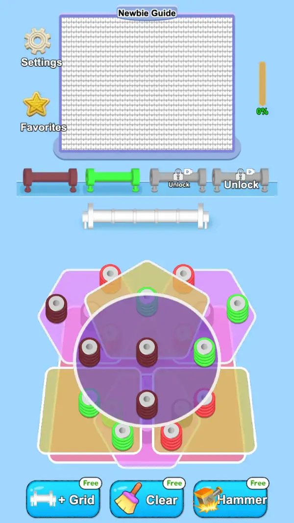 Puzzle Yarn Fun — The same board in full colour: the plate cluster with its maroon, green, red and grey-blue posts, the purple disc outlined over the middle, the empty five-section rail under the lanes, and the tools "+ Grid", "Clear" and "Hammer" each badged "Free".