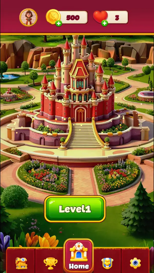 Royal Matcher — The estate screen: the red-brick castle in its gardens, the queen's portrait medallion, a coin pill of 500 and a heart pill of 3 each with a green plus, the green "Level1" button and the five-icon strip with "Home" lit.