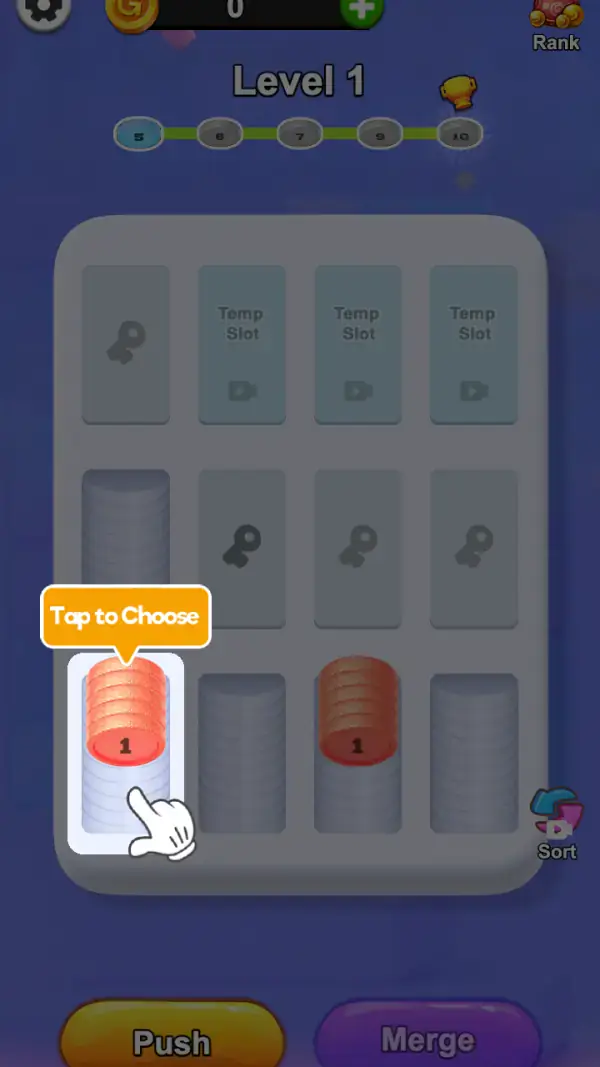 Satisfying Stack — Level 1 as the game presents it: twelve tray cells of which five are open — three "Temp Slot" cells with video icons and four keyhole cells closing the rest — with the orange "Tap to Choose" callout and hand over a white-framed stack of red discs stamped 1, a second 1-stack two cells along, the milestone track reading 5, 6, 7, 9, 10 under "Level 1", and the yellow Push / purple Merge buttons with the video-badged "Sort" at the tray corner.