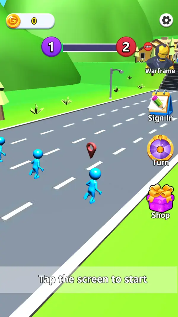 Shift Dash Reac — The attract screen before a run: "Tap the screen to start" across the bottom, three blue stick figures on the four-lane road with a red pin ahead of them, the purple-1-versus-red-2 bar, the Warframe bust with its NEW badge, and the Sign In / Turn / Shop column down the right edge.