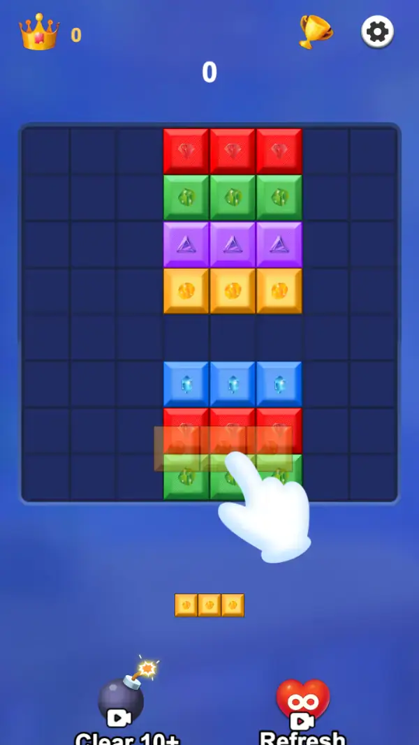 Smash Blocks — The same board with the hand moved up onto the tiles themselves, the preview row of three solid orange coin tiles clear below the tray, and the two video-badged tools along the bottom: the lit bomb "Clear 10+" and the infinity-marked heart "Refresh".