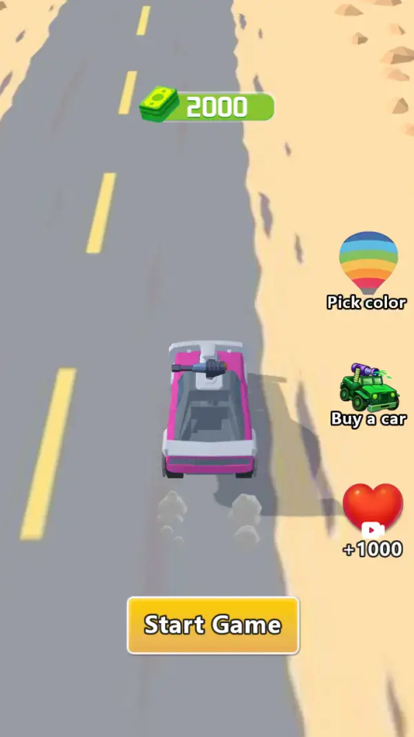 Tank Era — The same screen a moment later with the road scrolled forward underneath the car — the idle animation behind the yellow "Start Game" button.