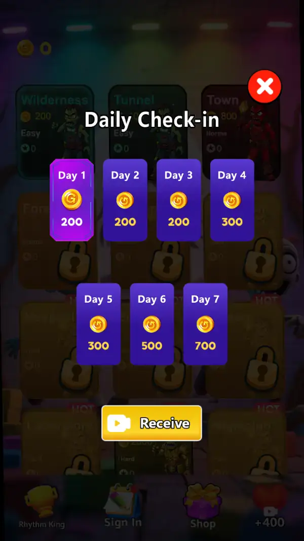 Zombie Down — The first screen: the "Daily Check-in" panel, seven days paying 200 to 700 coins, Day 1 selected, with a video-backed "Receive" button.